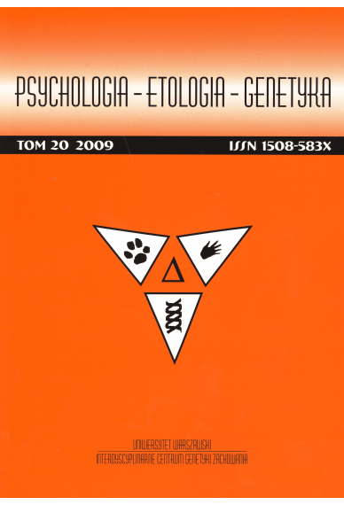 2009 PSYCHOLOGIA – ETOLOGIA – GENETYKA, t. 20 <br>UWAGA! Do kupienia także w PDFie
