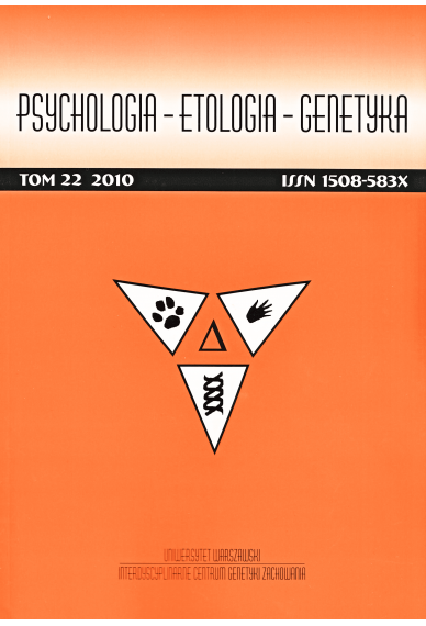 2010 PSYCHOLOGIA – ETOLOGIA – GENETYKA, t. 22 <br>UWAGA! Do kupienia także w PDFie