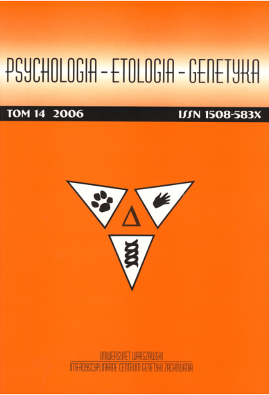 2006 PSYCHOLOGIA - ETOLOGIA - GENETYKA, t. 14 <br>UWAGA!!! Do kupienia także w PDFie
